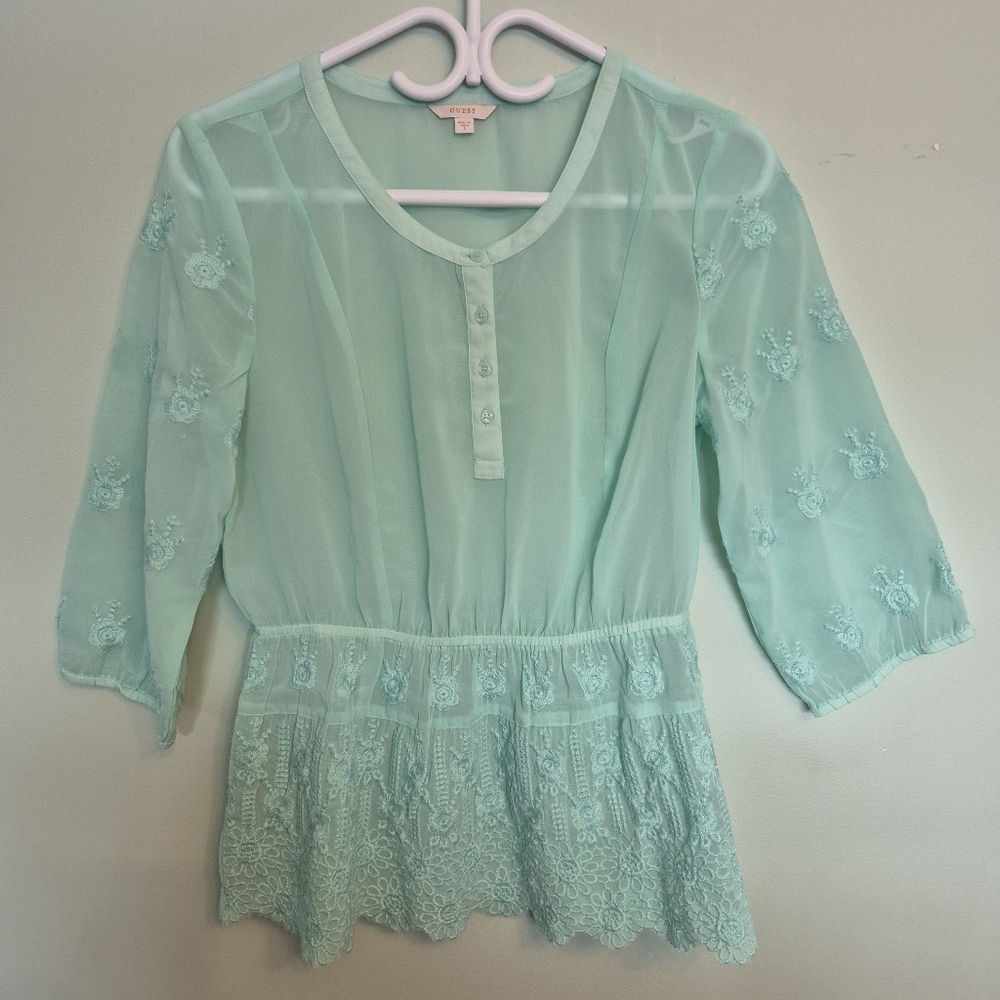 Guess Women's Boho Teal Sheer Peplum Floral Embroidered Blouse Size Small - Picture 2 of 8